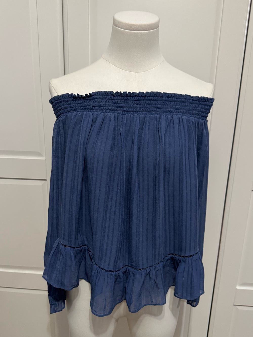LoveShackFancy Navy Off-Shoulder Ruffled 100% Silk Smocked Peplum Blouse